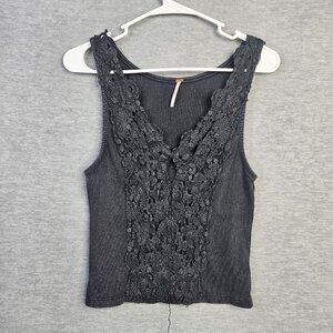 Free people peek a boo black Ribbed V-neck crochet Floral tank Women's Sz S